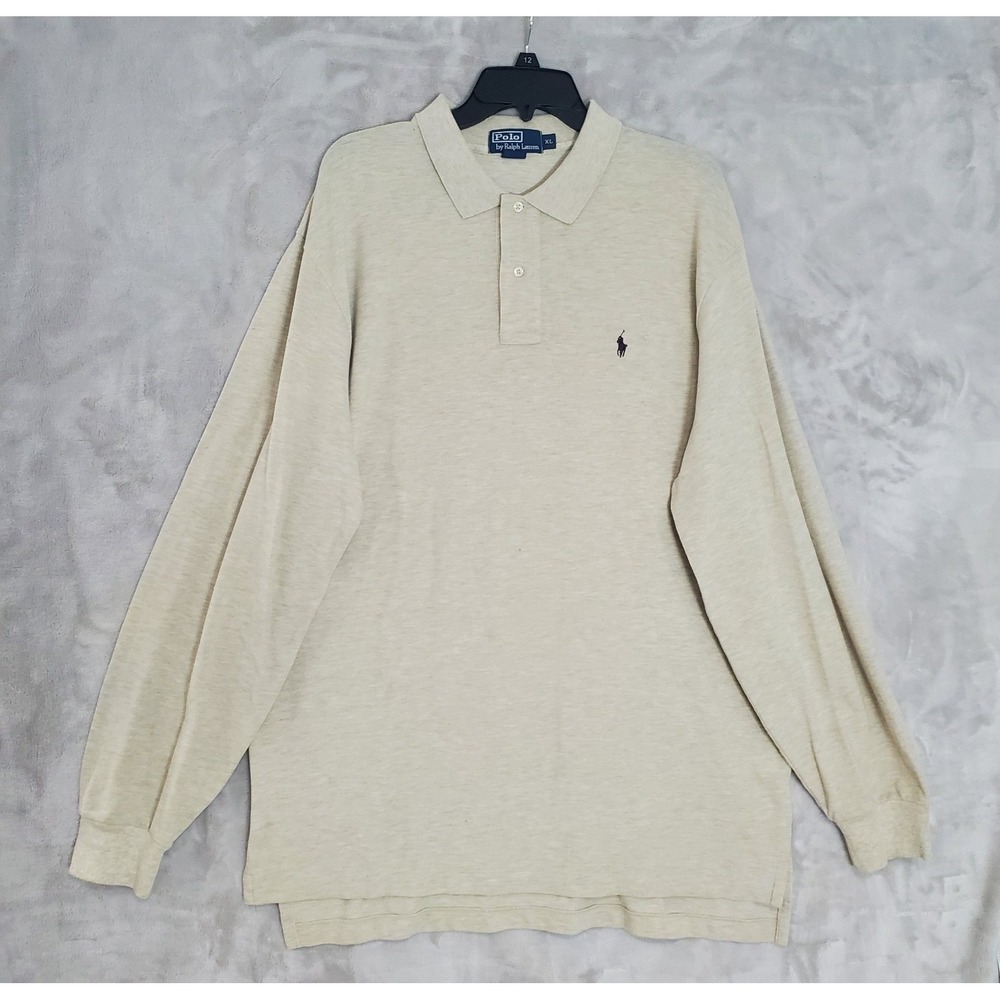 Polo Ralph Lauren Polo Shirt Mens XL Beige Long Sleeve Purple Pony Cotton Preppy